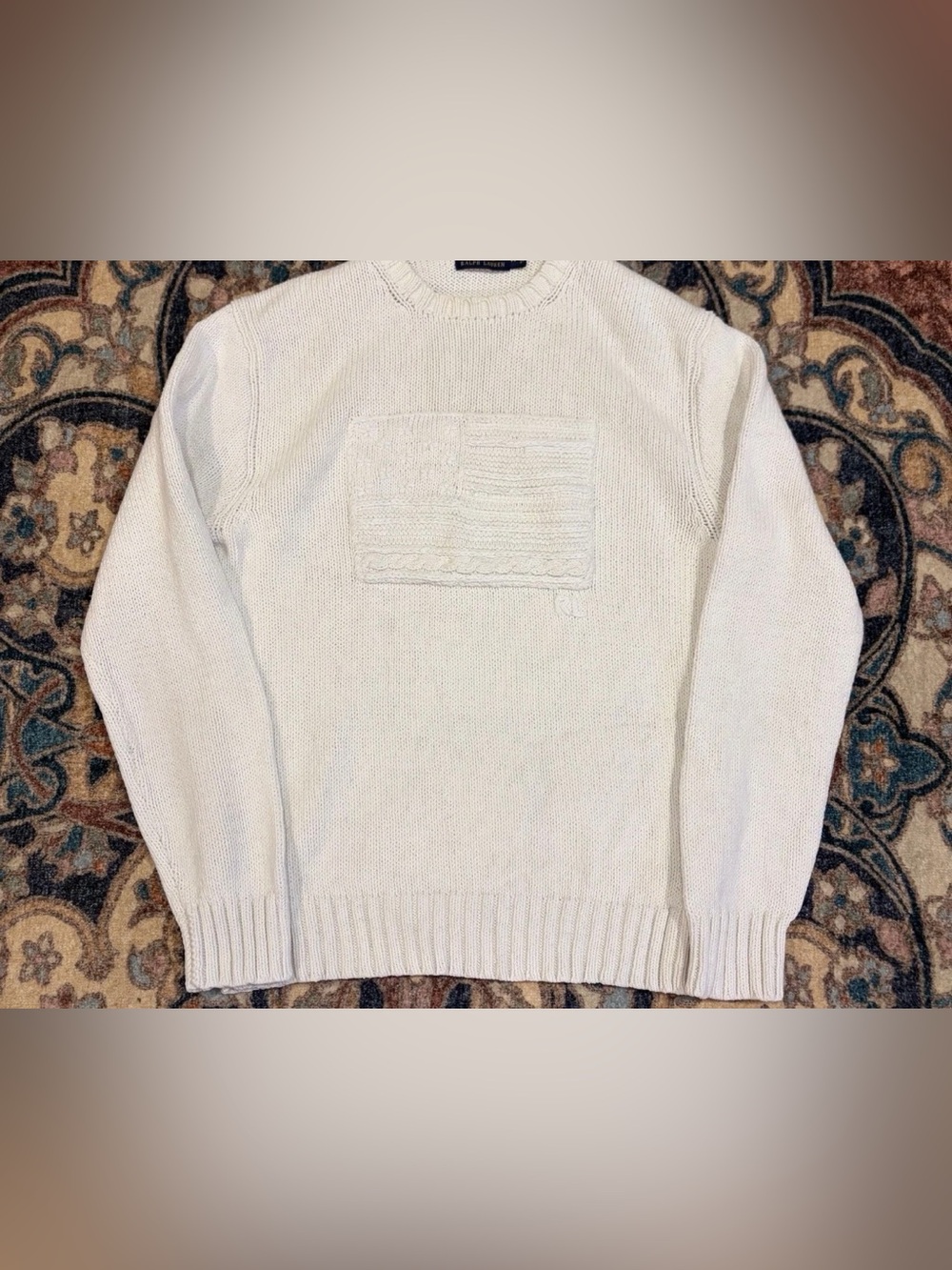 Polo Ralph Lauren American Flag Knit Sweater White Crewneck Cotton Mens XL